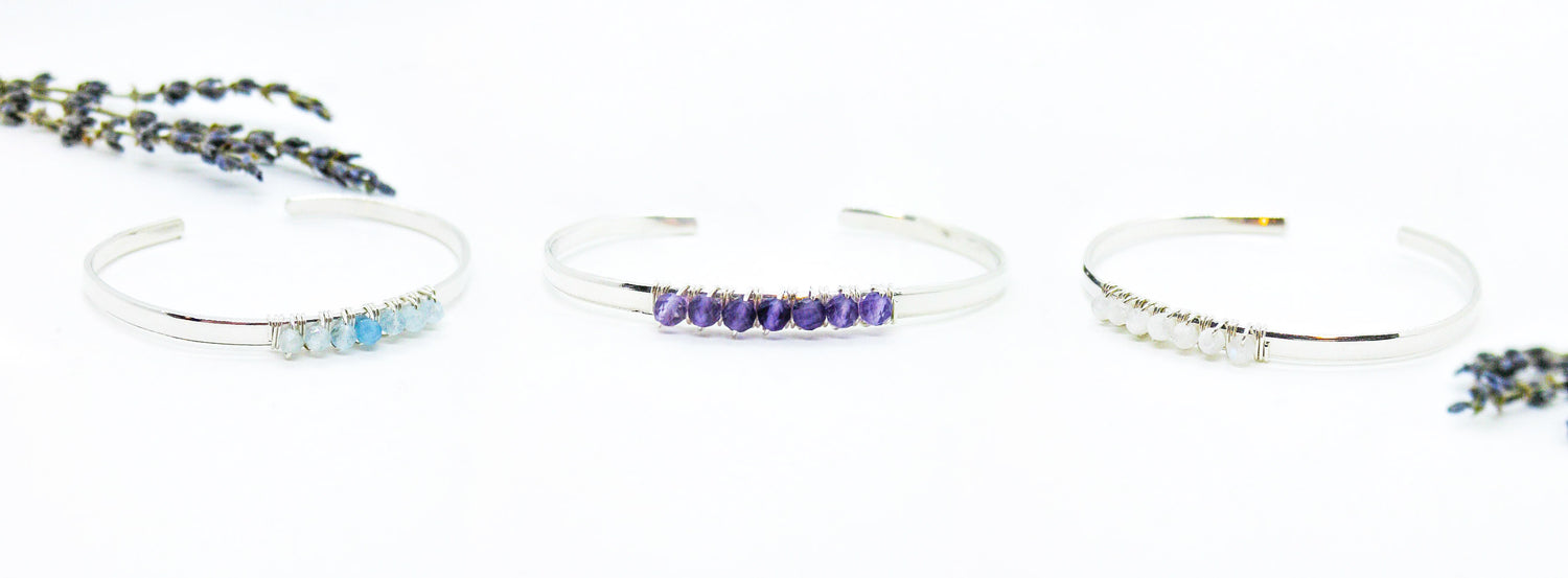 Cuff bracelets Aquamarine, Amethyst, Moonstone