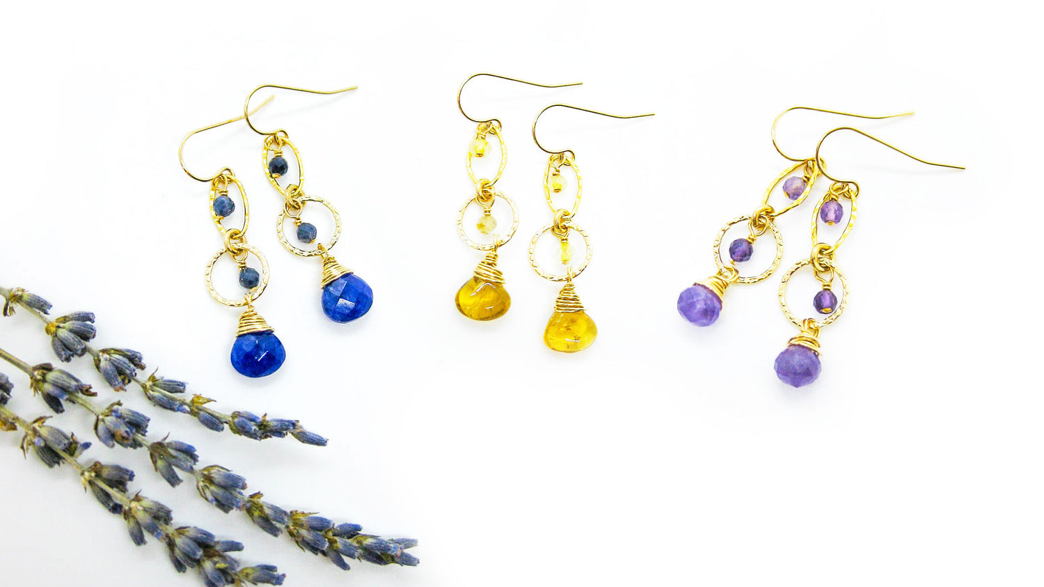 Gemstone drop earrings in Sapphire, Citrine, Amethyst, Rose Quartz, Pyrite, Lapis or Opal. Handmade by Angelic Jewelry